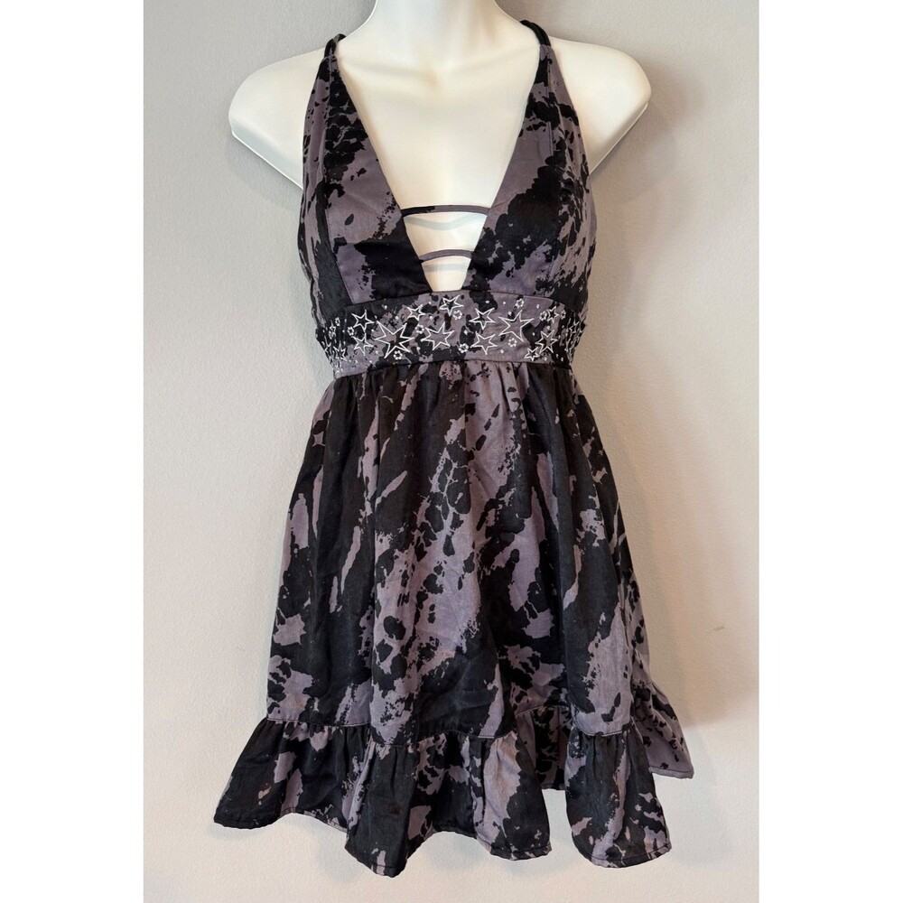 UO Naomi Strappy Babydoll Satin Mini Dress Sz Medium Black Motif Grunge Y2K